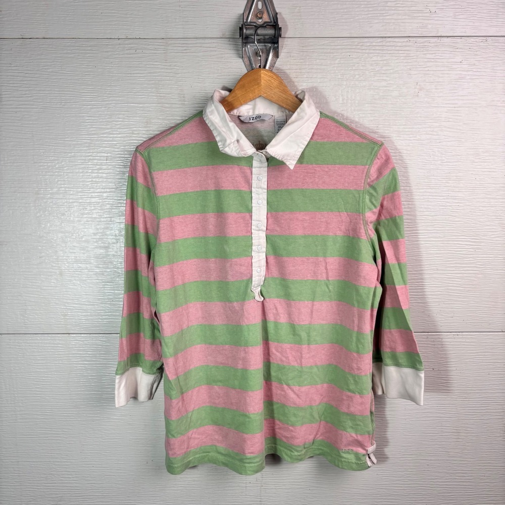 IZOD Striped Rugby Polo Pink Green Cotton Preppy Y2K Style XL